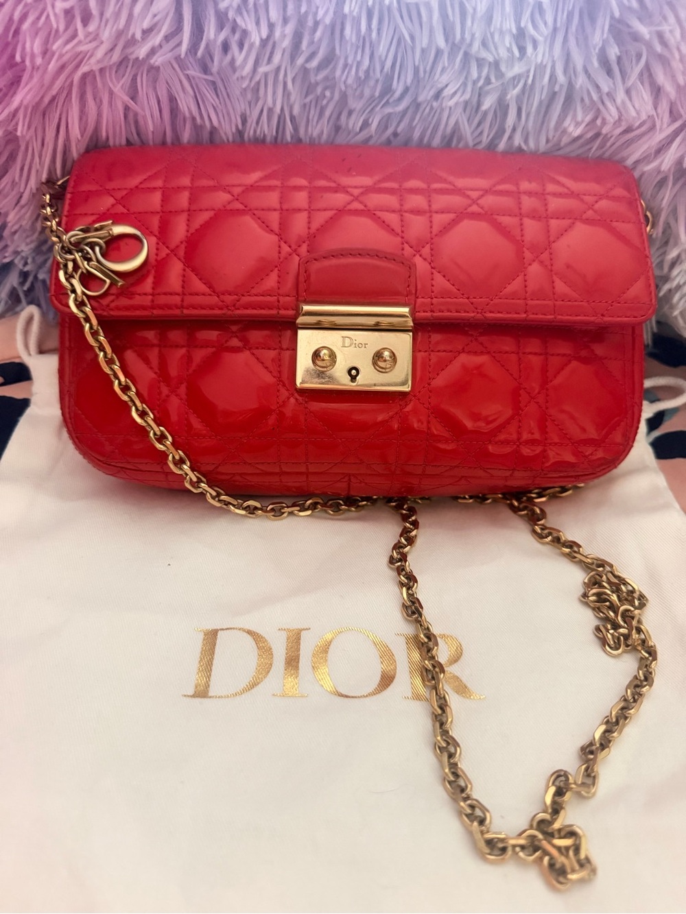 Dior pink red Quilted Patent Leather Crossbody with Gold Chain